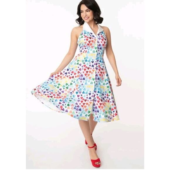 Unique Vintage Peacock Room Satin Rainbow Heart Dress Halter Collar NWT Med 6/8 - Picture 1 of 8